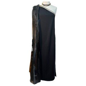 Nerfertiti costume, one-shouldered black column dress with gold accents
